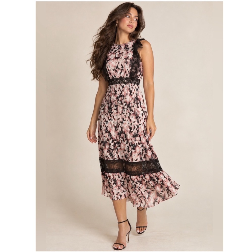 Foxiedox Floral Pleated Romantic Lace Trim Midi Wedding Guest Dress Sz M